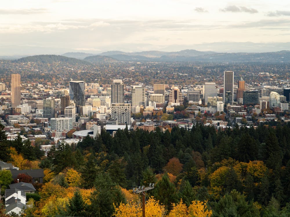The Portland, Oregon, skyline is visible from Pittock Mansion on Tuesday, Oct. 29, 2025.