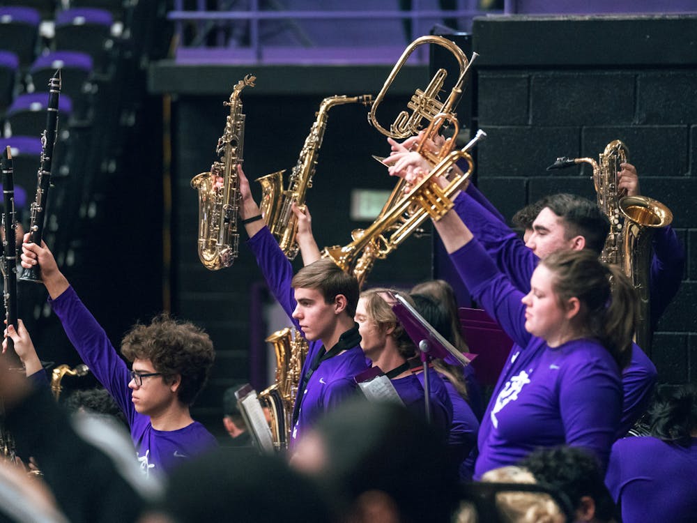 The Pilot Pep Band performs at a basketball game last fall in Chiles. 
