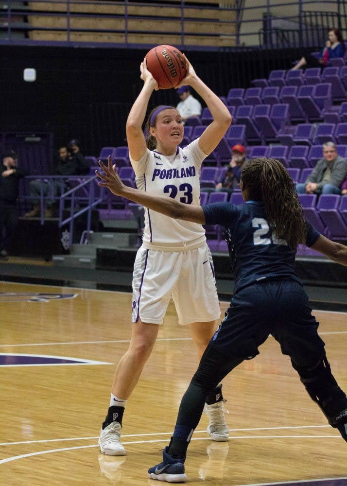 Julie Spencer prepares to lob a pass over her San Diego opponents into the hands of Freshman Kristina Woolridge for an easy lay up. This bit of magic offered a taste of what the Pilots can do when they stay composed on offense.