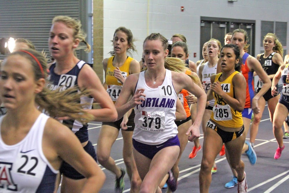  Redshirt freshman Tansey Lystad runs the 3000 meter run at the Husky Classic where she finished second in her section. Photo courtesy of UW Athletics