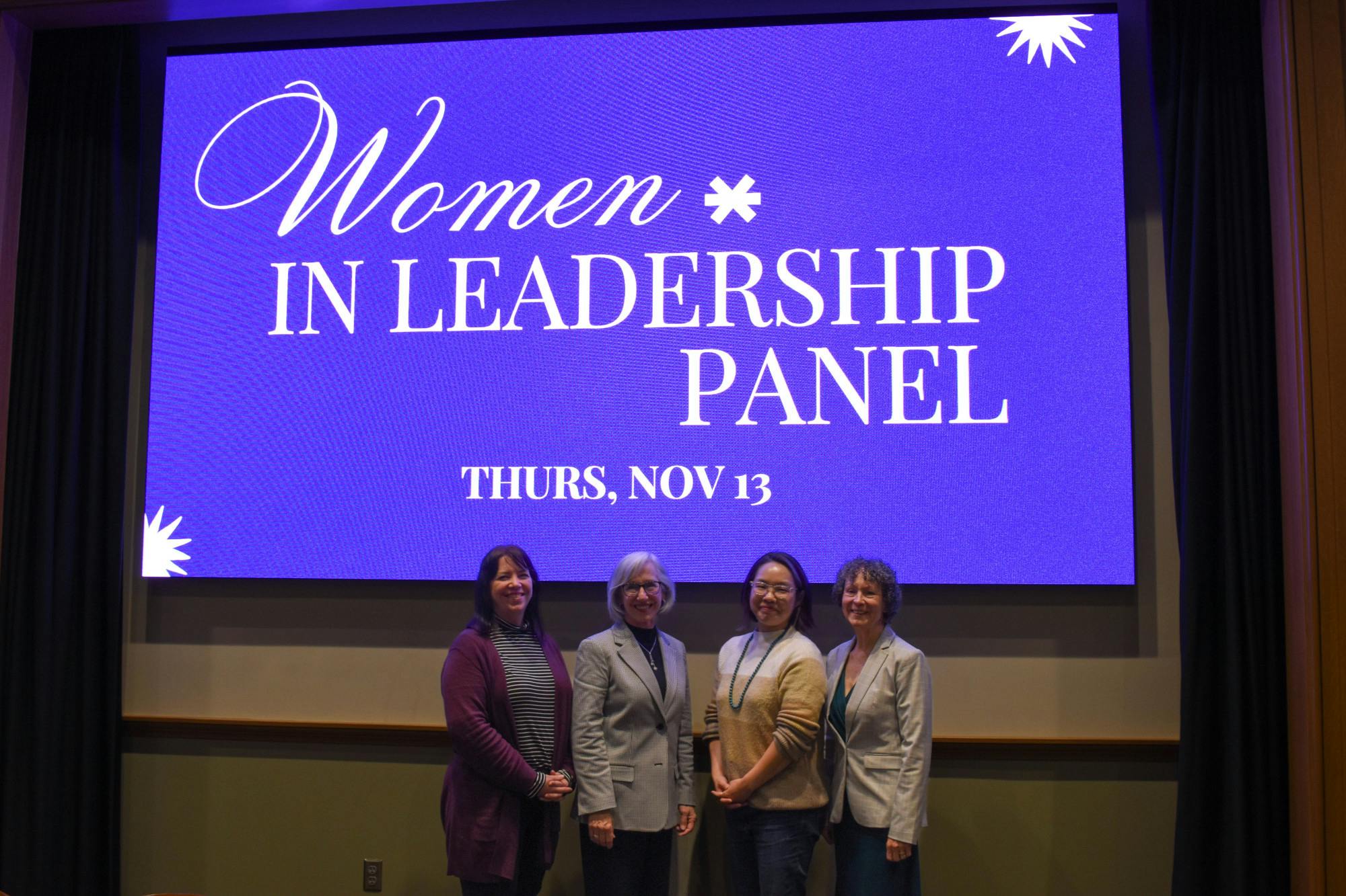 Dr. Joane Moceri, Dr. Leigh Anne Scherer, Renee Eaton, and Elizabeth Lee pose together for a photo for the Women In Leadership panel. Brian Doyle Auditorium. Nov, 13th 2025.