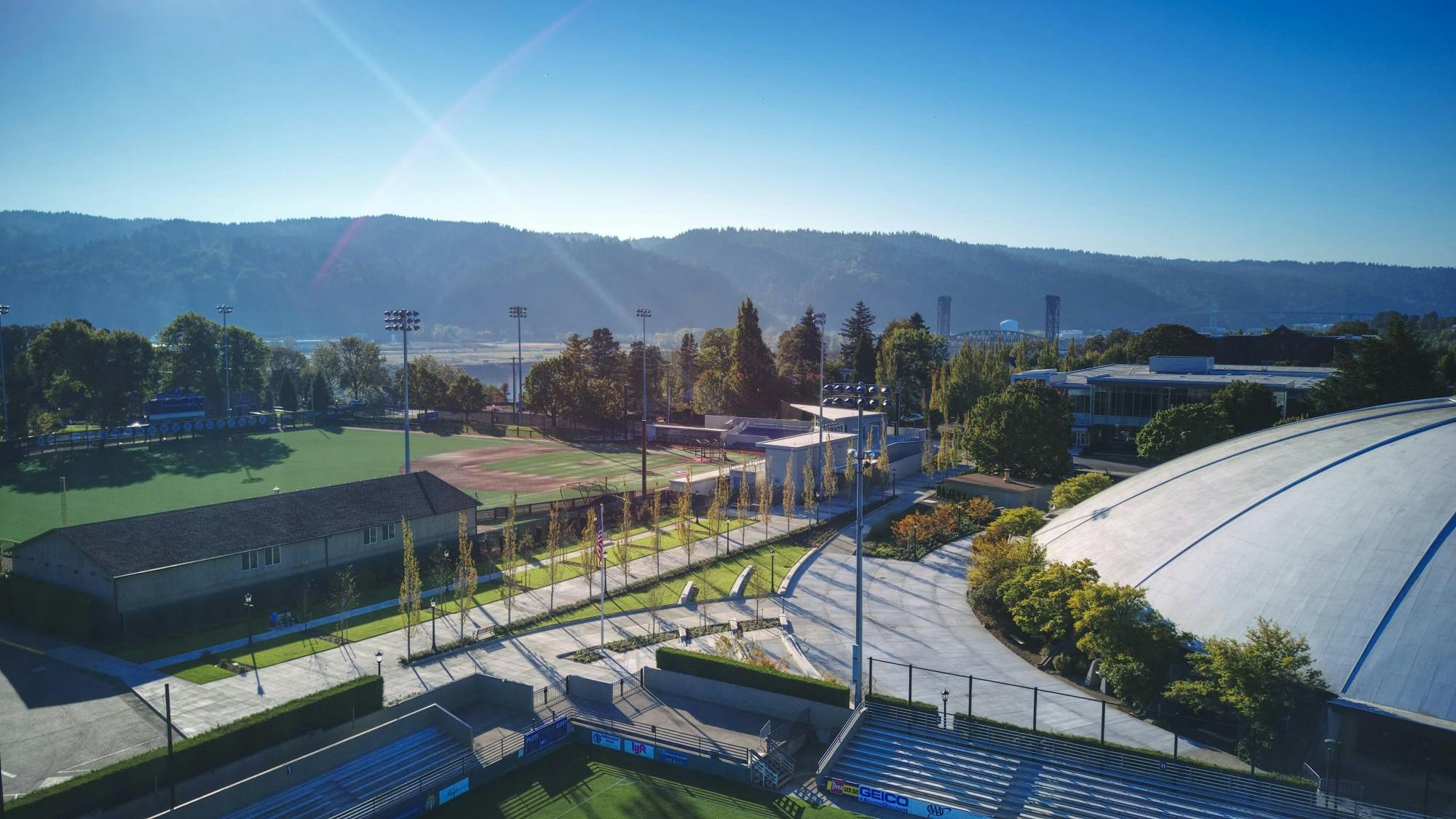 The only track on campus is inside the Chiles Center. 