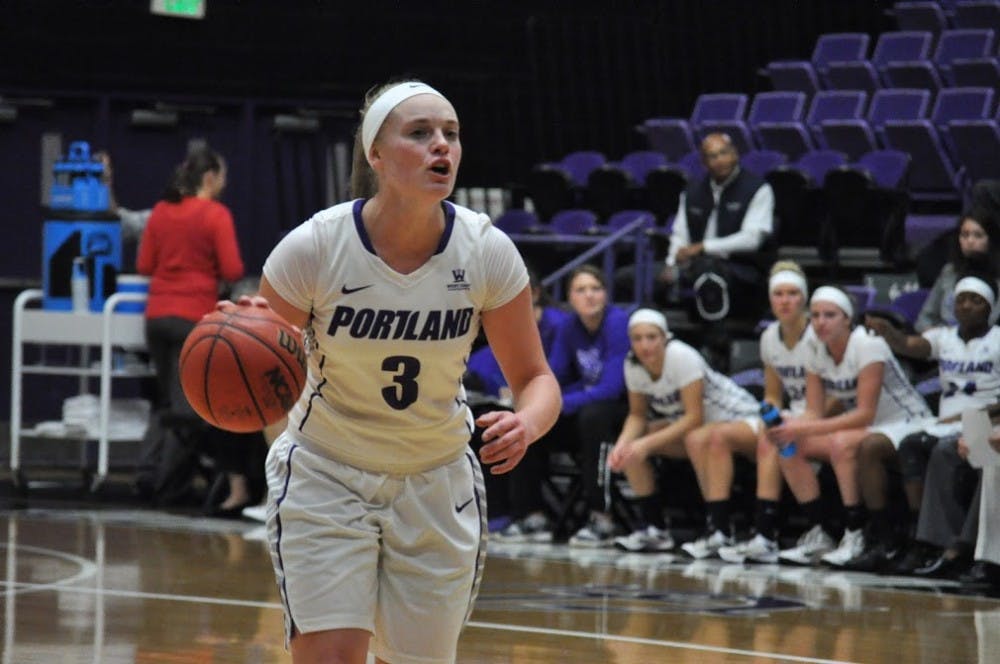  Kaylee Van Loo dribbles the ball down the court in Chiles Center. | Photo by Kristen Garcia.