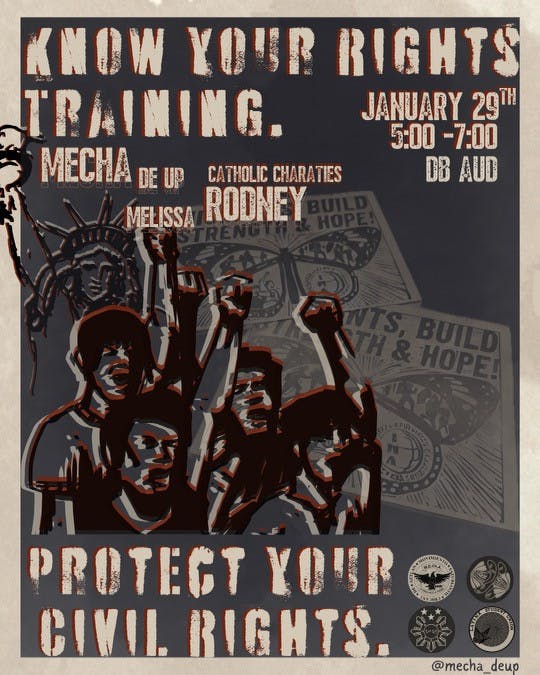 "Know Your Rights" training event digital flyer. Photo courtesy MEChA co-president Jessica Arevalo Ontiveros.