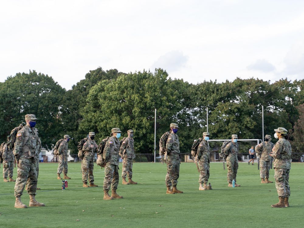 University of Portland ROTC cadets stand in formation at the beginning of the lab. Masks are required for the duration of the exercise, and each formation has been adjusted to account for social distancing measures.
