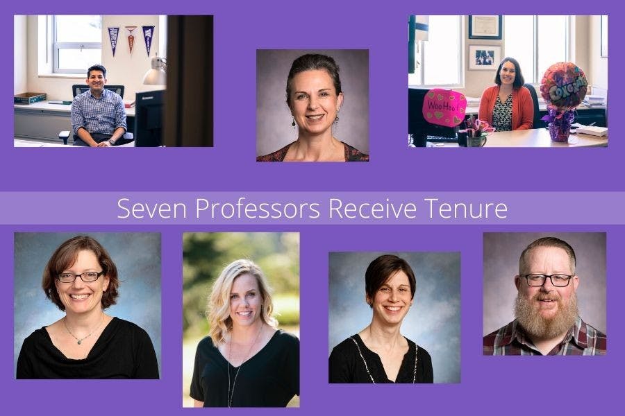 This spring, the University of Portland Provost’s Office granted tenure to seven professors. Photos courtesy of Brennan Crowder, Natalie Nelson-Marsh and the University of Portland. Canva by Maddie Pfeifer.