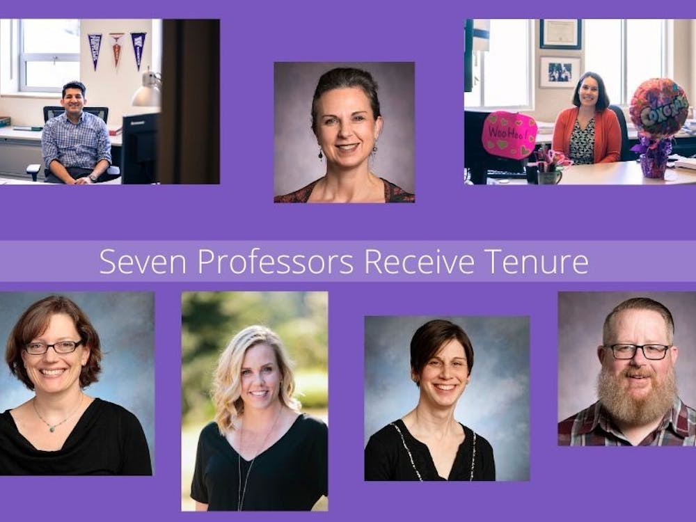 This spring, the University of Portland Provost’s Office granted tenure to seven professors. Photos courtesy of Brennan Crowder, Natalie Nelson-Marsh and the University of Portland. Canva by Maddie Pfeifer.