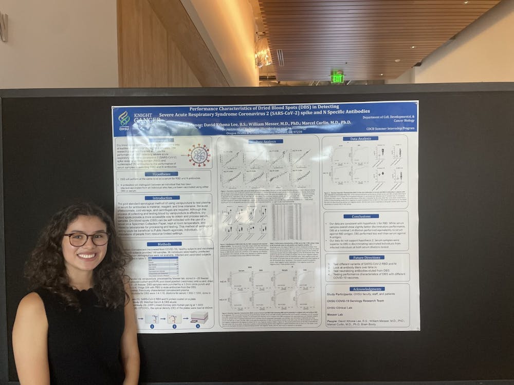 Muñoz presenting her summer research poster on effectiveness of dried blood spots for COVID-19 cell biology research. Photo courtesy of Sofia Muñoz. 