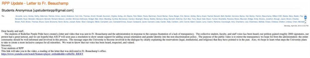  The Redefine Purple Pride movement sent an email to all faculty last spring outlining their petition and cause.Screenshot of email sent to faculty by Redefine Purple Pride group