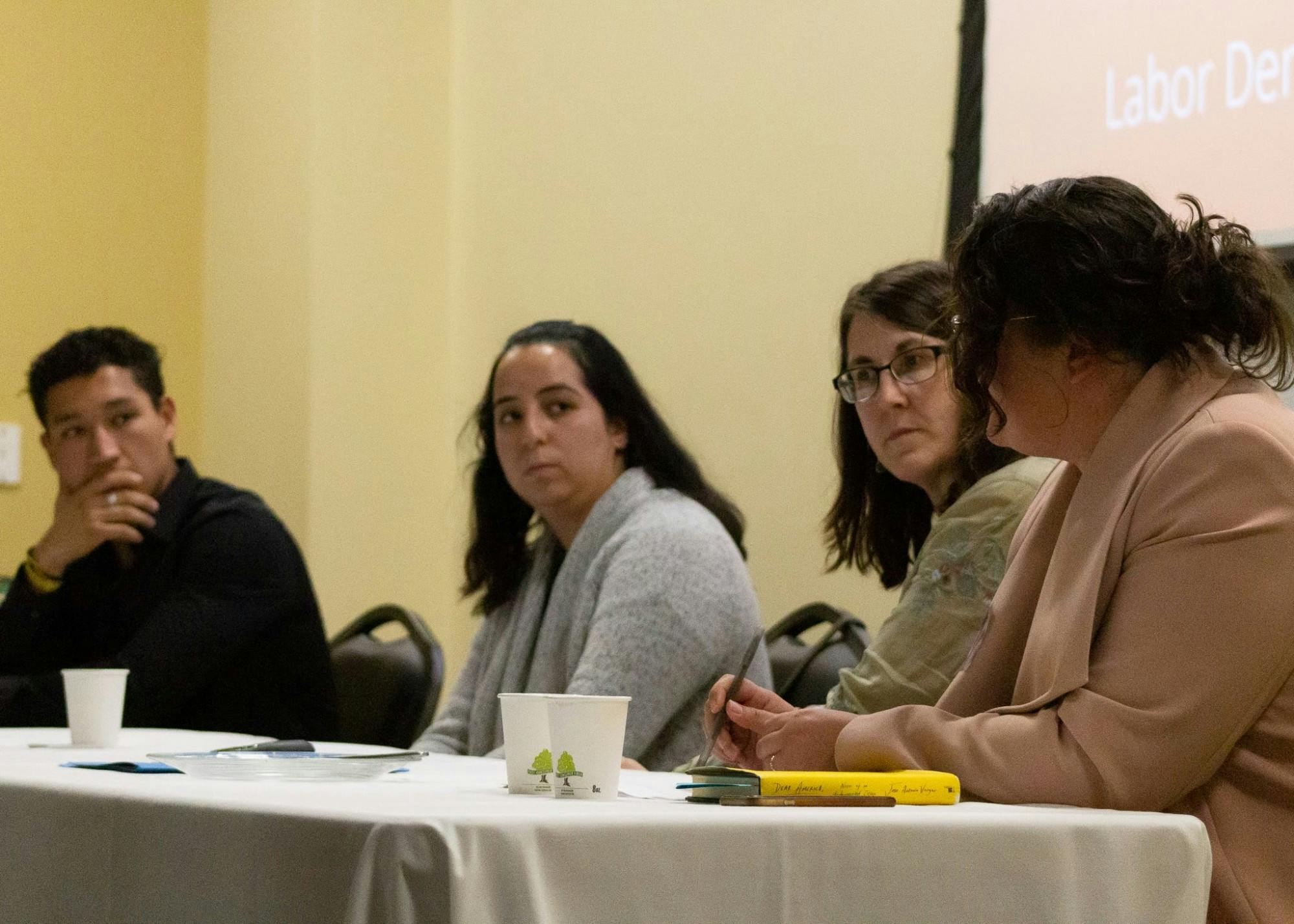 (Left to right) Sophomore Daniel Lagunas, Coordinator for Diversity and Inclusion Programming Yuri Hernández Osorio, and political science professors Anne Santiago and Lara-Zuzan Golesorkhi provided different perspectives on the topic of immigration at the DACA Panel.