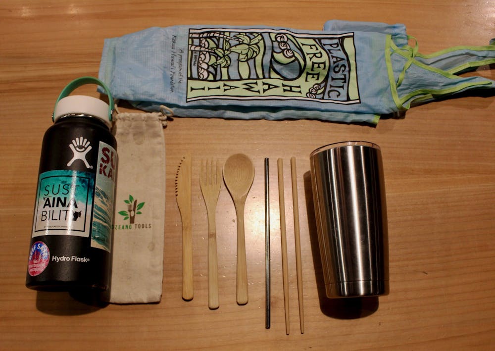 Eliminate your usage of single-use plastic by creating your own sustainability kit including a water bottle, bamboo utensils and a reusable grocery bag. 