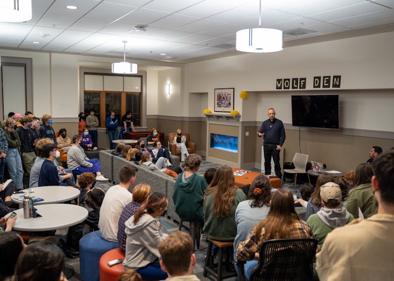 A crowd of over 150 gathered in the Lund Family Hall on April 5 for a mediated conversation Fr. Dan Parrish.