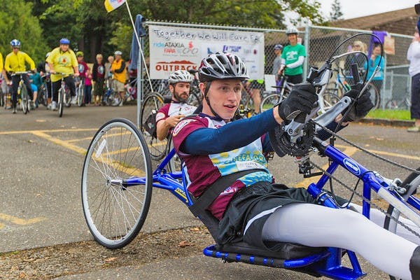 Sam Bridgman prepares for the start of Ride Ataxia, a bike ride he hosted to raise money for FA.Photo courtesy of Jeff Kennel.