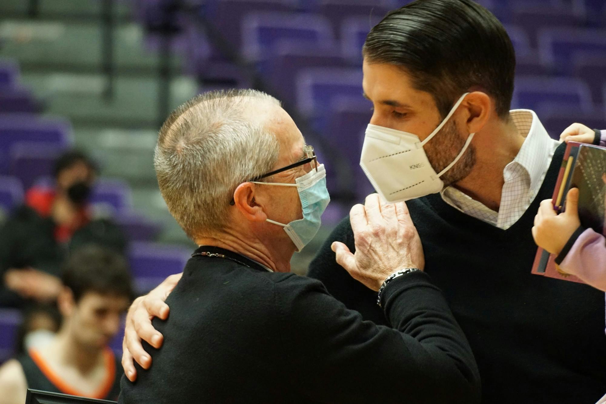 Brother Tom hugging men's soccer Head Coach Nick Carlin-Voigt.