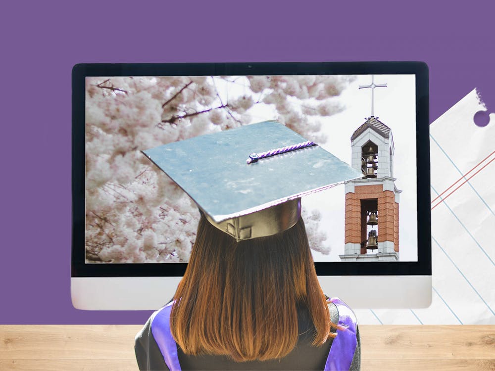 An email sent on Feb. 22 from Fr. Mark Poorman announced that Commencement for the class of 2021 will be held virtually. Collage by Molly Lowney. Images courtesy of Unsplash and Annika Gordon.