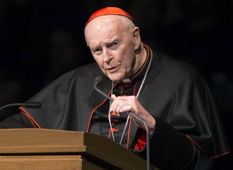 In this March 4, 2015, file photo, Cardinal Theodore Edgar McCarrick speaks during a memorial service in South Bend, Ind. In July, Francis removed U.S. Archbishop McCarrick as a cardinal after church investigators said an allegation that he groped a teenage altar boy in the 1970s was credible. (Robert Franklin/South Bend Tribune via AP, Pool, File)