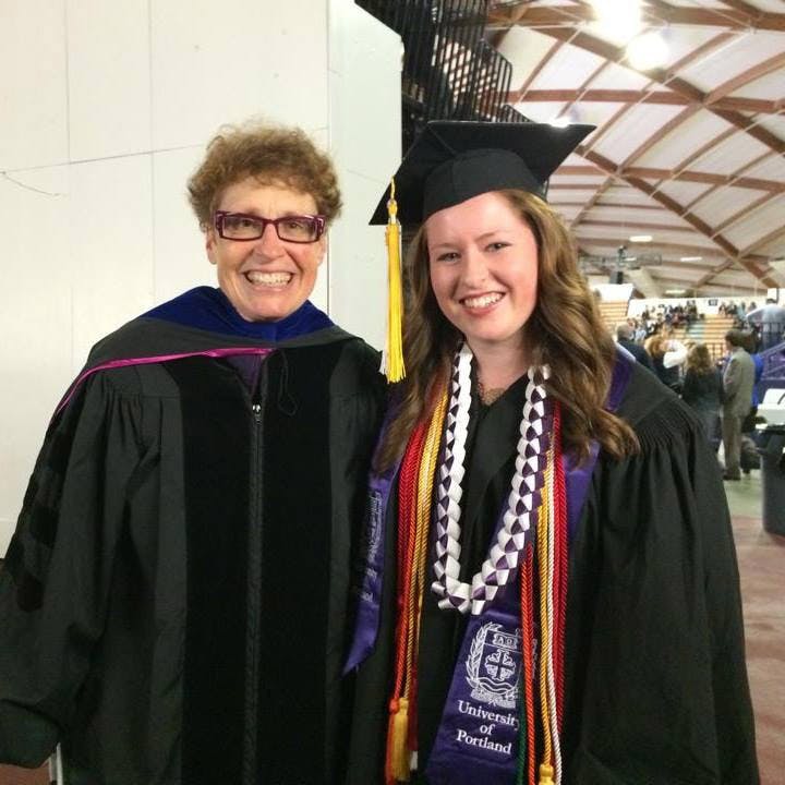  Katie Chale (right), a ‘14 alum, celebrates with late Spanish professor Kate Regan after her graduation ceremony in May. Chale, who was a good friend of Professor Regan, died last week in a car accident near Seattle. Photo from Katie Chale's Facebook profile