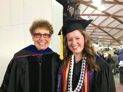  Katie Chale (right), a ‘14 alum, celebrates with late Spanish professor Kate Regan after her graduation ceremony in May. Chale, who was a good friend of Professor Regan, died last week in a car accident near Seattle. Photo from Katie Chale's Facebook profile