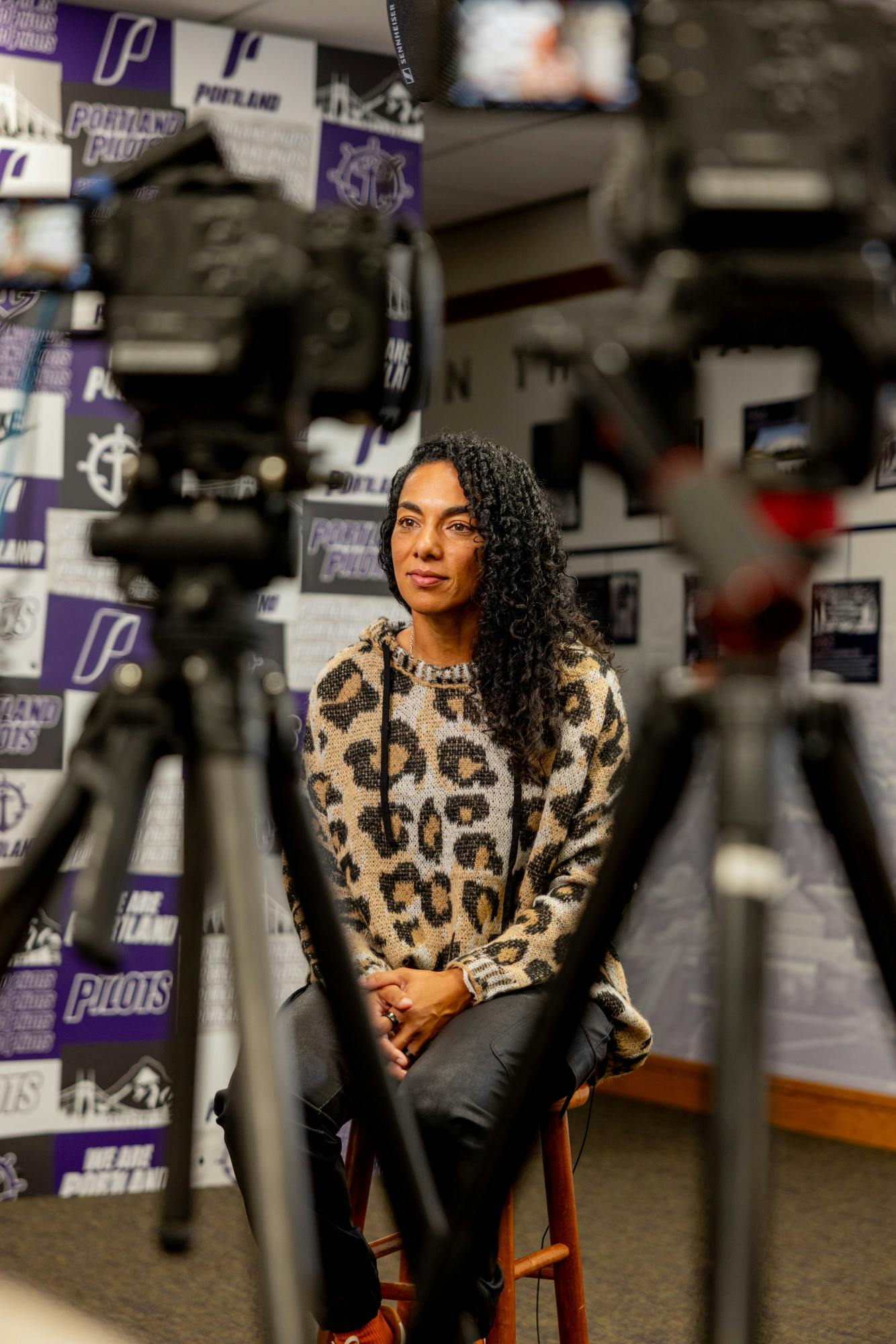 Director Joe Kuffner interviews Lindsey Huie, member of the 2005 championship-winning team, on Oct. 26, 2025. Photo courtesy of Jana Brusch.