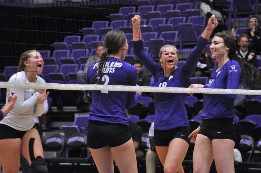  Photo by Kristen Garcia | Pilots celebrate after winning a point. The team went on to sweep No. 23 USD.