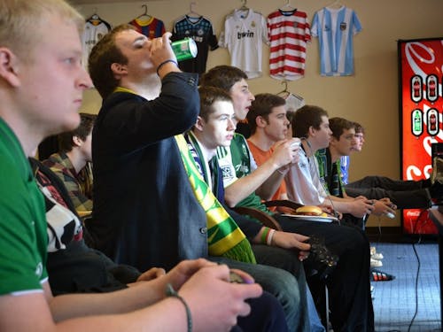  A group of Villans (left to right) Patrick Casale, Ryan Kain, Taylor Spooner, Sky Nelson, Sawyer Reid, Connor Saben and Joel Simard focus on their games of FIFA during the fourth annual FIFA for Freedom tournament.Photo by David DiLoreto
