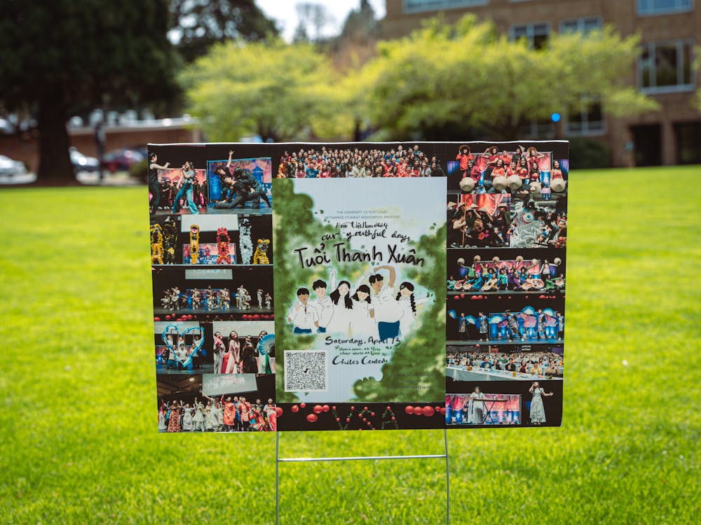 A sign placed in the Academic Quad advertises the Vietnamese Student Association's (VSA) annual cultural show. The show is Saturday, April 13 at Chiles Center, beginning at 4 p.m.