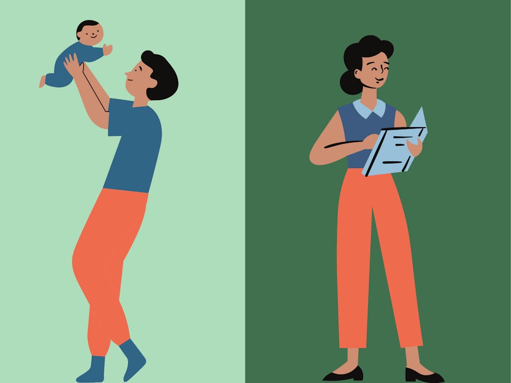 When COVID-19 shut down daycare centers and schools last spring, UP professors quickly had to adapt to full time parenting as well as full time teaching. Canva graphic by Molly Lowney.