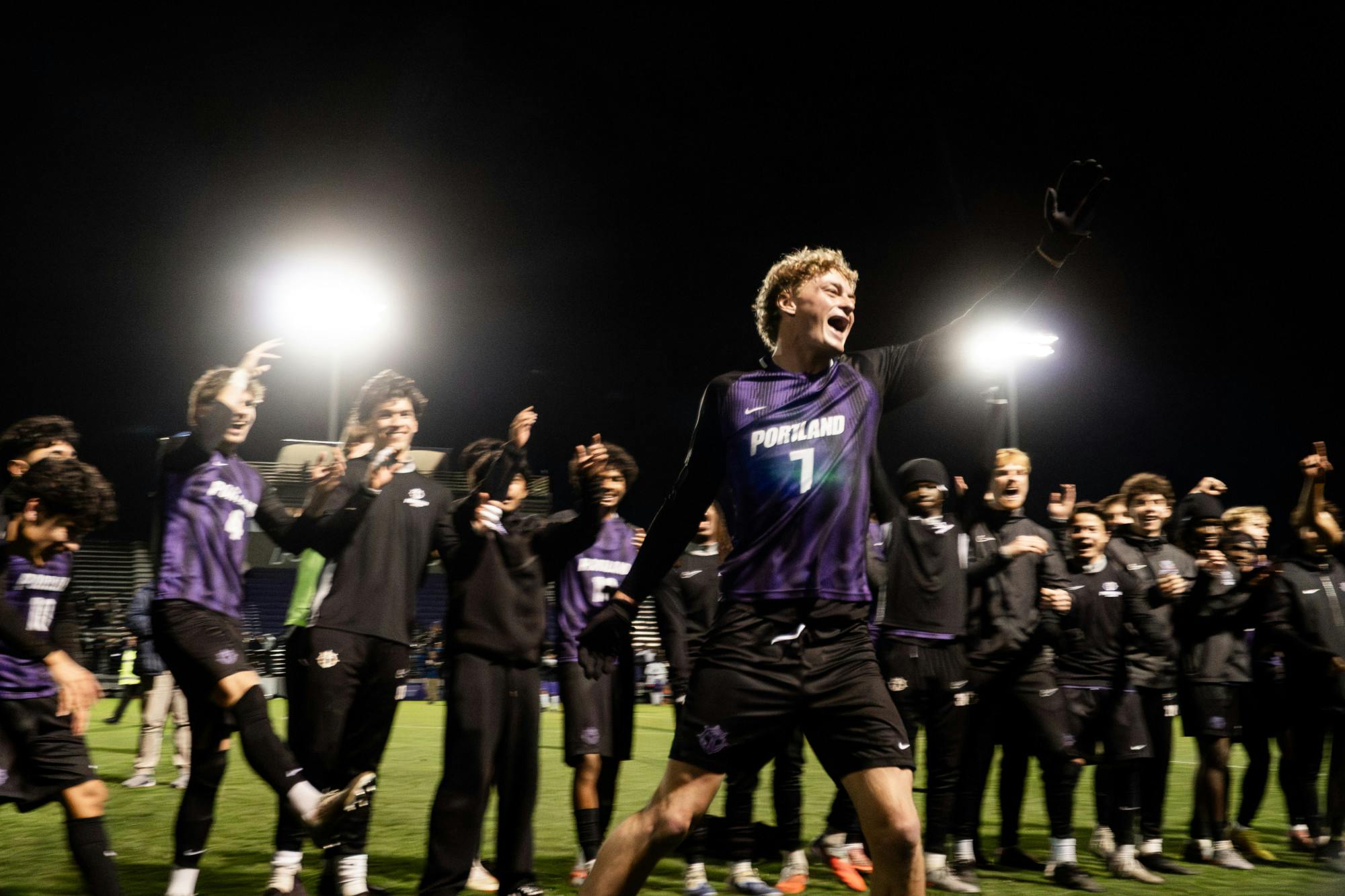 Portland forward Joe Highfield celebrates with the team. He scored the winning goal in the second half to close out the game against GCU.
Photo by Evan Guerra
