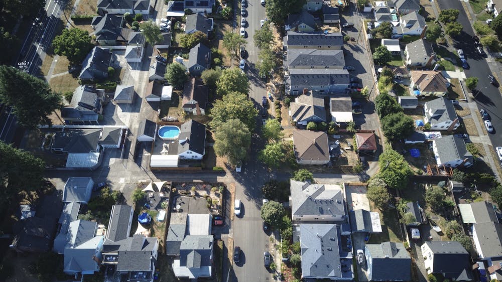 Aerial shot of nearby neighborhood. 