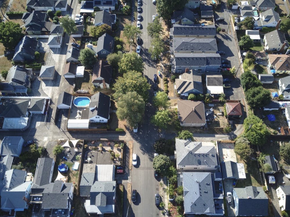 Aerial shot of nearby neighborhood. 