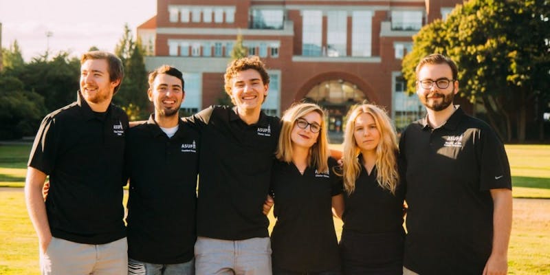 The ASUP Executive Board from left to right: Vice President John Akers; President Brandon Rivera; Communications Director Mario Sarich; Campus Program Board Director Jacque Nelson; Director of Finance Hannah Baade; Speaker of the Senate Alex Peterson