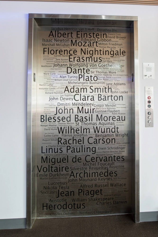  The decorative library door, which featured names of famous authors and thinkers, has been removed due to the complaints of benefactors and others, according to President Fr. Bill Beauchamp.Photo courtesy of UP Marketing.