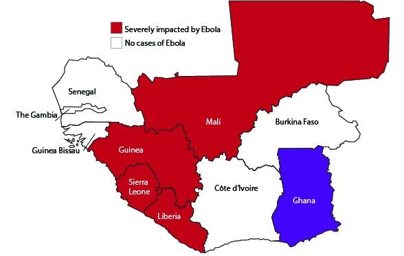  Countries in red have been significantly impacted by the West Africa Ebola outbreak. Countries in white have had no reported cases, including Ghana.