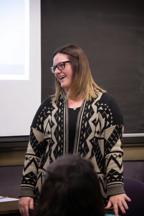 (above, from left) Junior Alexa Bryant Capellas and sophomore Megan Zuege (below) led a discussion on immigration yesterday at 4:15 p.m. Their discussion covered, among other things, the history of immigration, and the experience of a Nigerian immigration to the U.S. on a TED talk.Photo by Spencer Young
