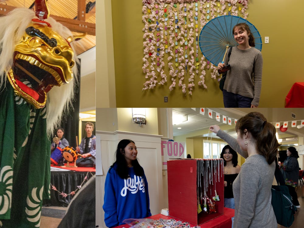 Moments captured from various parts of the Japanese Student Union's 4th Annual Haru Matsuri including the Portland Shishimai Kai lion dancing performance (on the right). Media illustration by Kimberly Cortez.