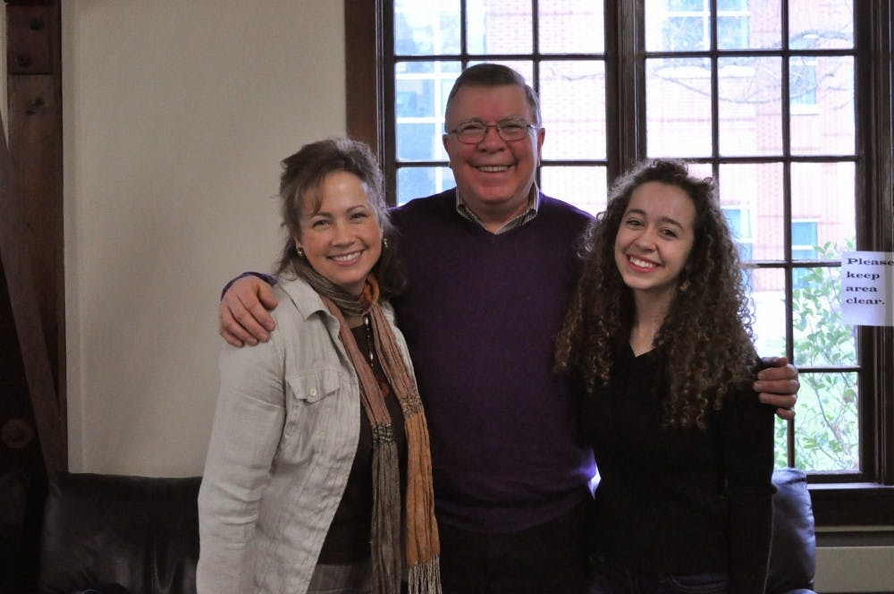  (Left to right) Maureen Briare, associate director for music and campus ministry with her father Jim Kuffner, assistant vice president for community relations, and Maureen's daughter Raina Briare, a sophomore at UP. Photo by Kristen Garcia