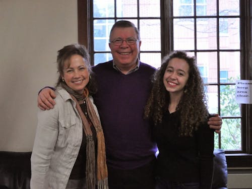  (Left to right) Maureen Briare, associate director for music and campus ministry with her father Jim Kuffner, assistant vice president for community relations, and Maureen's daughter Raina Briare, a sophomore at UP. Photo by Kristen Garcia