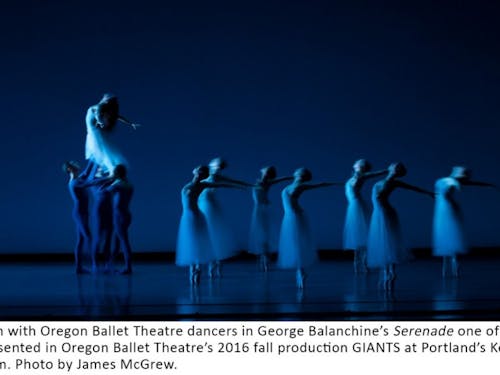 Eva Burton with Oregon Ballet Theater dancers in George Balanchine's Serenade, one of three works presented in Oregon Ballet Theatre's 2016 fall production of GIANTS at Portland's Keller Auditorium.