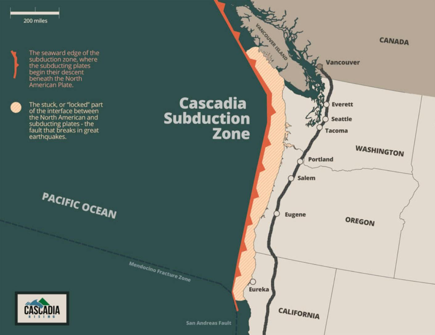 The Cascadia Subduction Zone is where the Juan de Luca and North American plates touch. When they shift and slide on each other it will cause the earthquakes anywhere along the 700 mile coastline shown.Image from Cascadia Rising