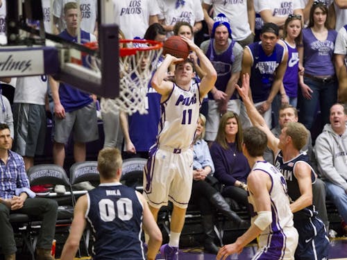  Junior Bobby Sharp shoots one of his 8 three-pointers during the BYU game January 23. UP won in triple overtime 114-110. Sharp has 45 three pointers on the season, leading the Pilots.Photo courtesy of UP Athletics