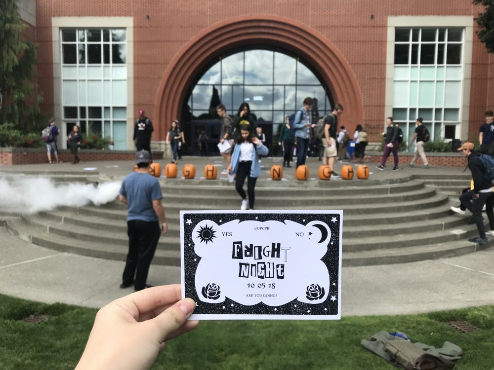 Campus Program Board announced the fall dance theme by spelling out "Fright Night" on pumpkins outside of Franz Hall, accompanied by a smoke machine and spooky music.&nbsp;