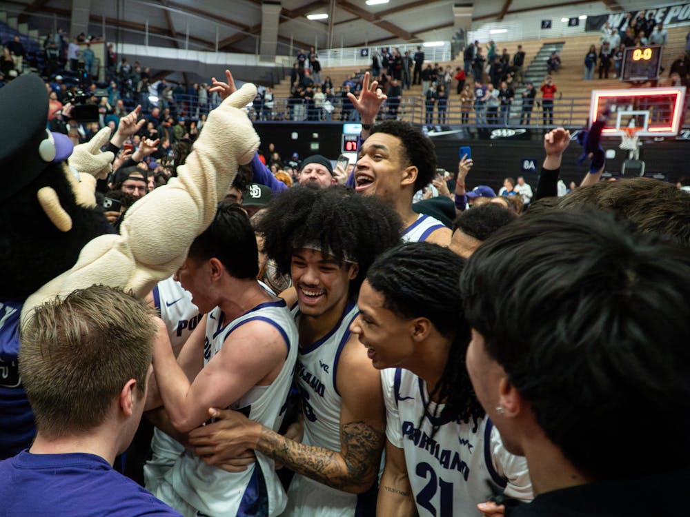 Pilots men's basketball celebrates after defeating the Gonzaga Bulldogs on Feb. 4, 2026.