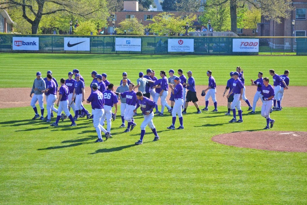  The team celebrates after a walk off single from shortstop Michael Lucarelli. The Pilots came back multiple times to beat USD 10-9 on Saturday.