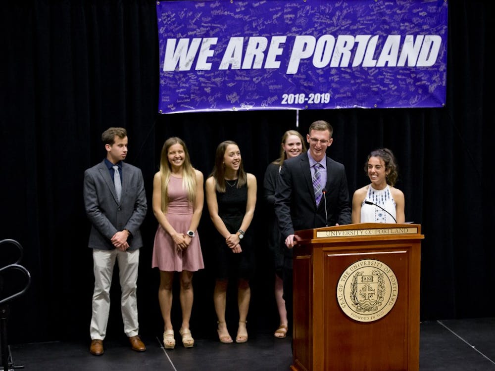Redshirt sophomore Drew Boyd and senior Dylan Hite introduce the 2019 "We Are Portland" Awards.