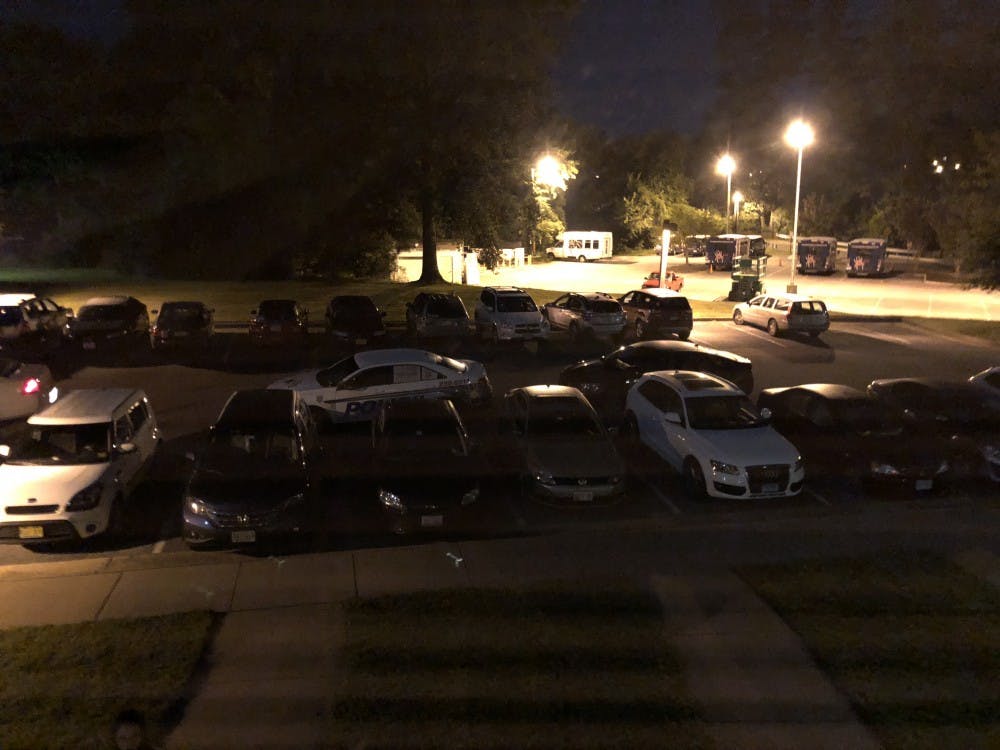 <p>Marked and unmarked University Police cars were parked outside of the 470 block of the University Forest Apartments&nbsp;on Saturday, Aug. 25, after a UR alert reported an armed robbery there.&nbsp;</p>