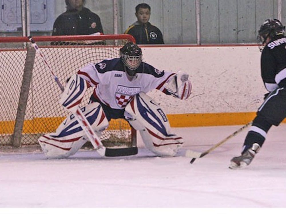 Cameron Purves, No. 33, goalie, during the club hockey team's win over Loyola