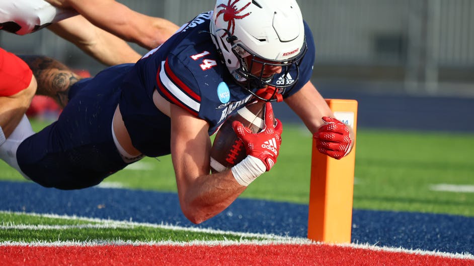 Graduate wide receiver Jakob Herres catches a touchdown pass in the first round of the Football Championship Subdivision playoffs on Nov. 26. Photo courtesy of Keith Lucas/Richmond Athletics.