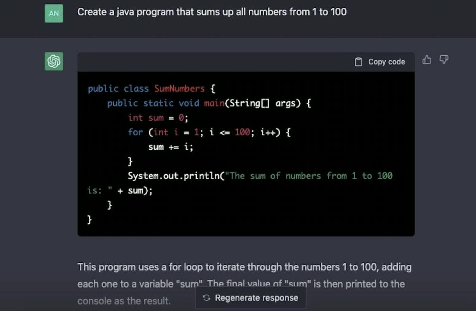 Image of ChatGPT generating a programing method written in Java.