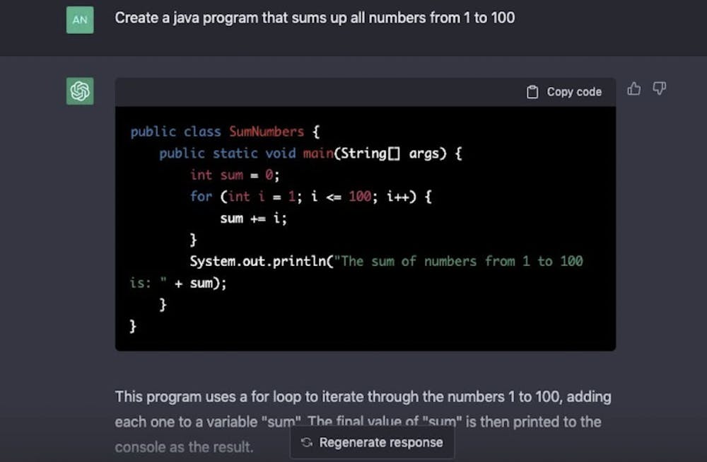 Image of ChatGPT generating a programing method written in Java.