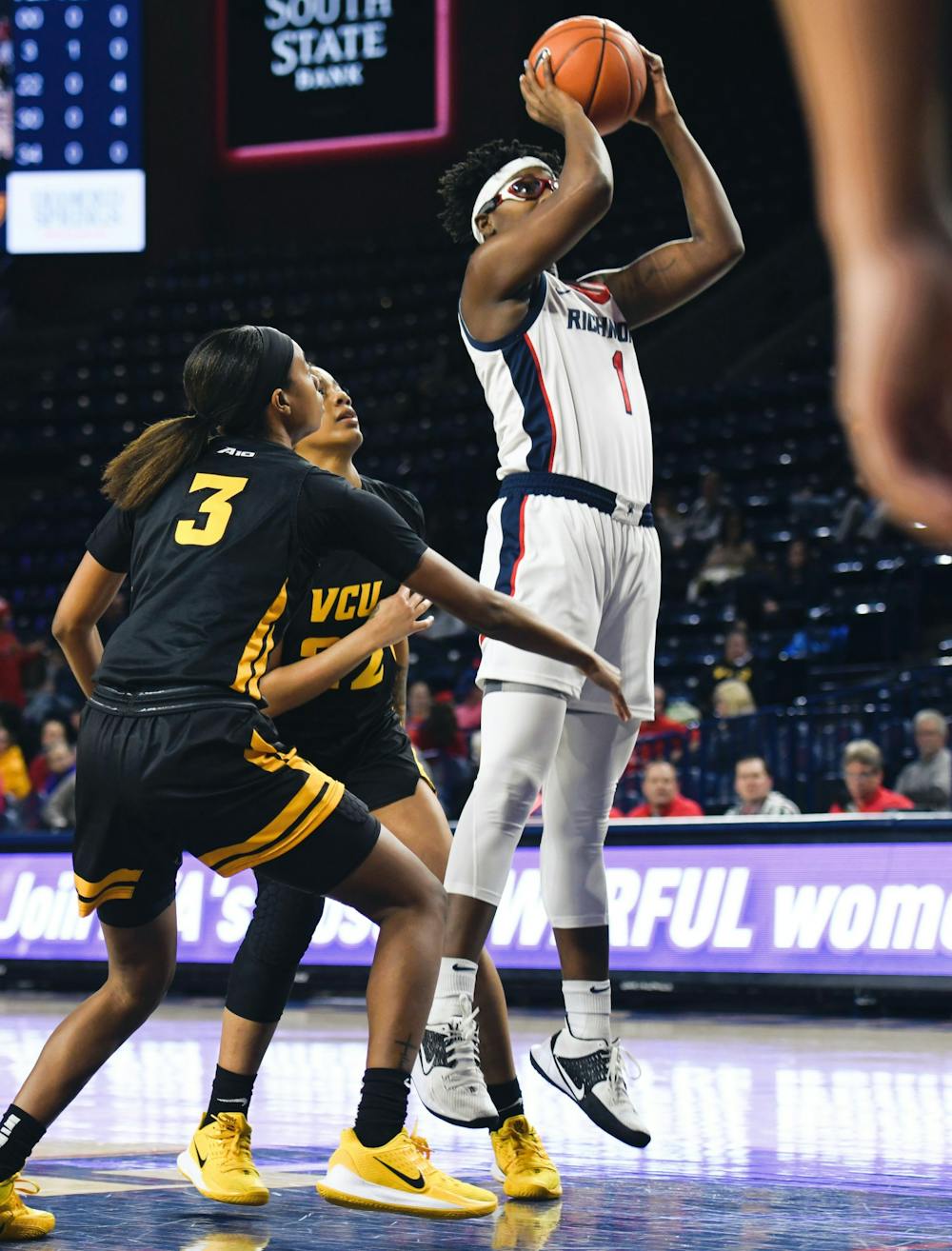 Senior forward Jaide Hinds-Clarke jumps past VCU defense during a game at Robins Stadium on Wednesday, February 5, 2020.